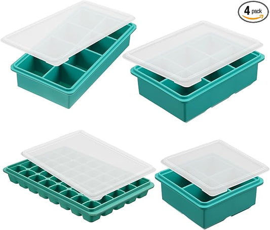 4 Pack Silicone Freezer Molds Gift Set Silicone Freezer Tray with Lid Large Ice Cube Tray Food Container for Meal Prepping,Storing Lasagna,Leftovers,Sauces,Portioned Meals