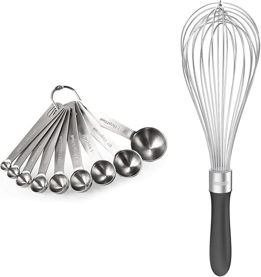18/8 Stainless Steel Measuring Spoons Set for Dry and Liquid Ingredients (Set of 9), and 18/10 Stainless Steel Balloon Whisk for Kitchen Cooking with 12 Flex Wires (Black)