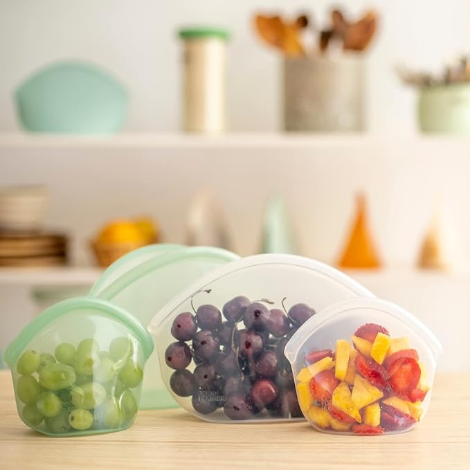 Food Huggers Hugger Bags Silicone Reusable Lunch & Snack Bag | Durable Storage, BPA Free, Dishwasher & Freezer Safe, Stand-Up Resealable Produce Pouch | Large 30 fl oz, Juniper