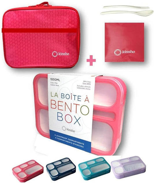 Bento Box with Lunch Bag and Ice Pack Set | Snack Containers Boxes for Kids Girls Adults | 6 Compartments Leakproof Portion Container Boxes Insulated Bags for School Lunches, BPA Free, Pink