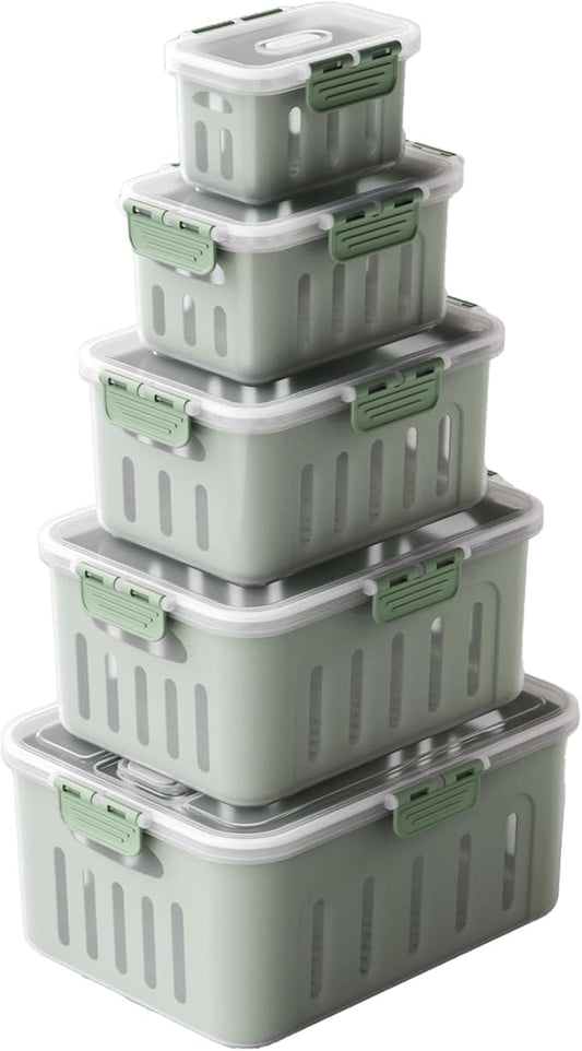 5pcs X-Large a Size Food Storage Container Set - Microwave & Dishwasher Safe, Airtight, Fruit and Vegetable box, BPA-Free, Double Drain Basket, Kitchen Fridge Stackable Storage for Freshness