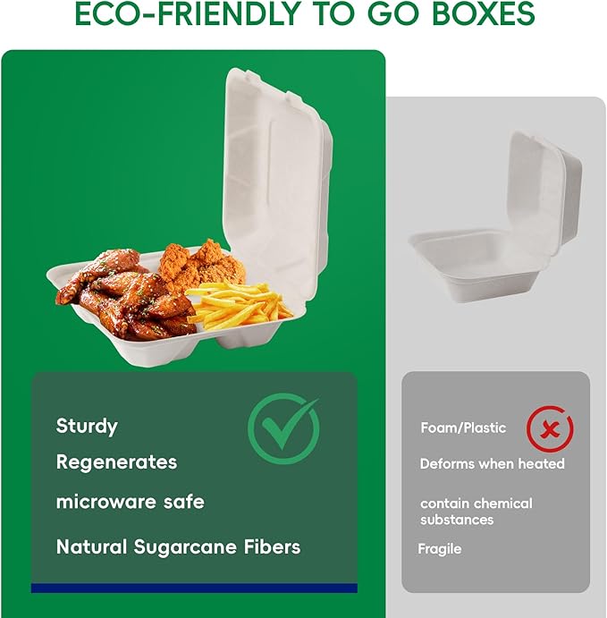 JOLLY CHEF Clamshell Take Out Food Containers, 8 * 8" 50-Pack, 3-Compartment To Go Boxes, Disposable Paper, Sugarcane for Salad, Lunch