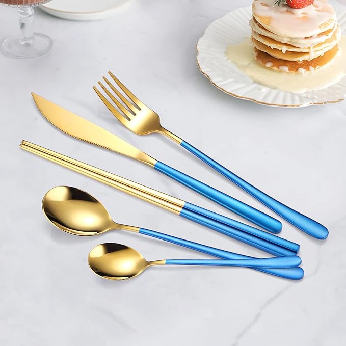 AARAINBOW 6 Pieces 18/8 Stainless Steel Flatware Set Portable Reusable Cutlery Set Travel Utensils Set Including Chopsticks Knife Fork Spoon Straws Cleaning Brush Dishwasher Safe (Blue golden)