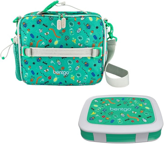 Bentgo Prints Insulated Lunch Bag Set With Kids Bento-Style Lunch Box (Bug Buddies)