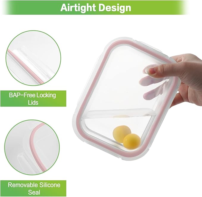 HOMBERKING Glass Food Storage Containers with Lids, [18 Piece] Glass Meal Prep Containers, Airtight Glass Lunch Bento Boxes, BPA-Free & Leak Proof (9 lids & 9 Containers) - Pink