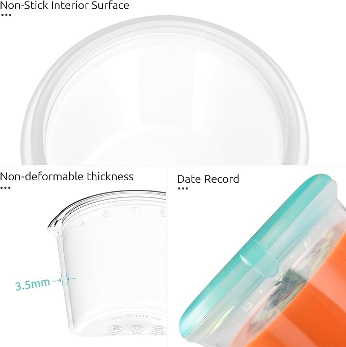 U-Taste Silicone Food Storage Containers Set: Meal Prep Box with Airtight Lid, Freezer & Microwave Safe, Date Marking Circle, Clear cup/oz/ml Measurement for Dry & Wet Deli (2oz/4oz/8oz/16oz, Teal)