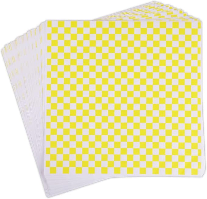 GeeRic Waxed Deli Paper Sheets 12 * 12 Inch, 100 Pcs Food Basket Liners for Sandwiches, Burgers, Checkered Deli Wrap Wax Paper Sheets Yellow