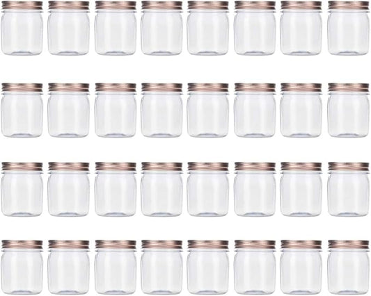Novelinks 8 Ounce Clear Plastic Jars With Rose Gold Lids - Refillable Round Containers for Kitchen & Household Storage - BPA Free (32 Pack)