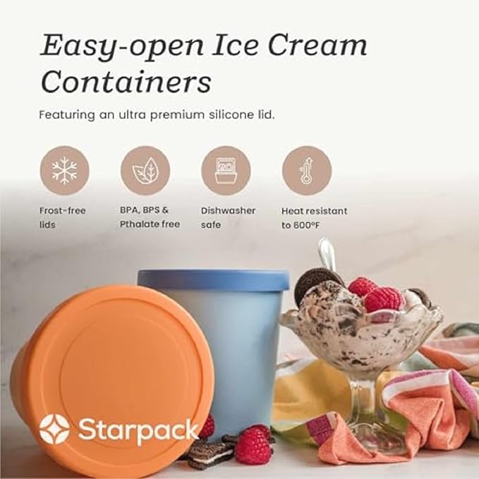 Starpack 'Freeze the Day' Ice Cream Storage Container for Freezer (2 Pcs) - 1 Quart Ice Cream Containers for Homemade Dessert - Reusable Frozen Treat Containers with Lids - Leak-Free Lids (Silicone)