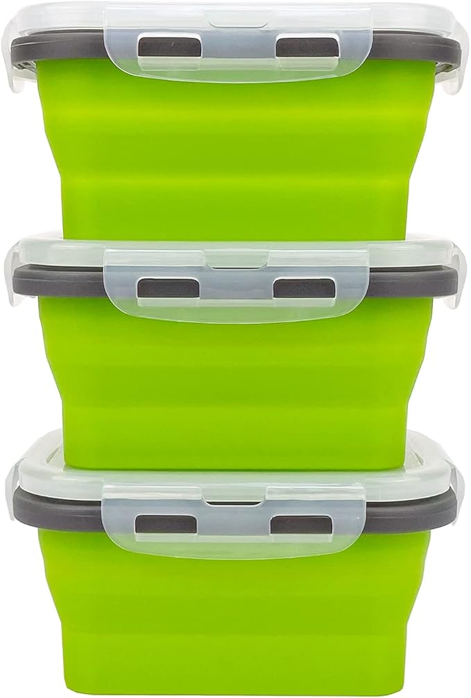 CCyanzi 3piece Collapsible Food Storage Containers with Lids, Silicone Lunch Container, Microwave & Freezer Safe, Space Saving for Kitchen Cabinet and Camping Backpack,(green gray)