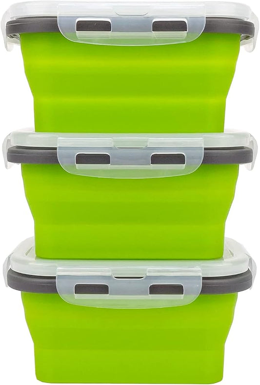 CCyanzi 3piece Collapsible Food Storage Containers with Lids, Silicone Lunch Container, Microwave & Freezer Safe, Space Saving for Kitchen Cabinet and Camping Backpack,(green gray)