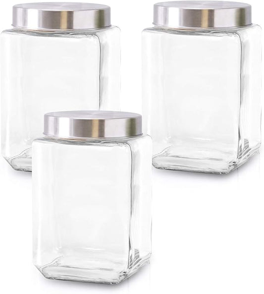 Glass Containers for Kitchen – Set of 3 Food Storage Containers – Storage Jars with Stainless Steel Lids – Suitable for Cookies, Snacks, Coffee – Screw-on Lid – 57oz Capacity