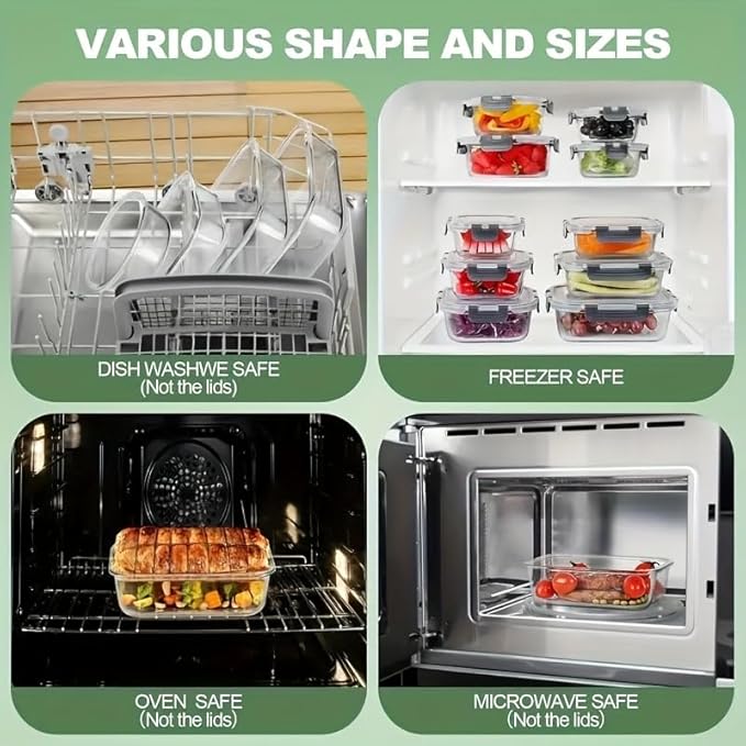 12pcs Glass Food Storage Containers with Lids, Meal Prep, Pantry Kitchen Storage Containers for Lunch, Leak Proof, Airtight Glass Lunch Bento Boxes for Microwave, Oven, Freezer And Dishwasher