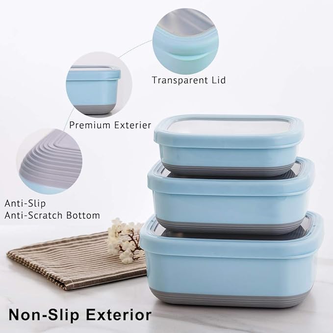 Lille Home Leak Proof Salad Container Stainless for Lunch - Snack Containers Steel - Ideal for Educational Settings & Daycare - Nesting Trio with Silicone Lids - 47oz+30oz+16oz - Blue