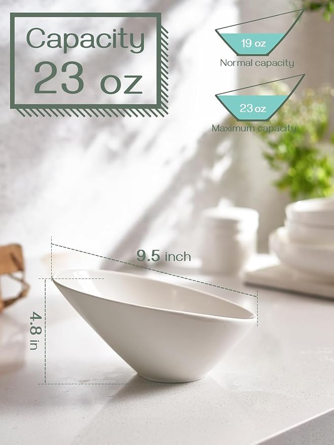 DOWAN 23 OZ Slanted Salad Bowls of 2 Packs - 9.5" Angled Serving Bowls for Salad, Pasta, Fruit, Sauce - Ceramic White Bowls for Restaurant, Daily Use - Dishwasher & Microwave Safe