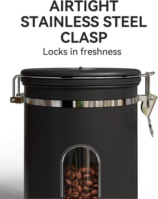 Veken 38oz Large Coffee Canister with Window, Airtight Stainless Steel, Kitchen Food Storage Container with Lids, Date Tracker and Scoop, Grounds Coffee Beans, Tea, Flour, Cereal, Sugar Jars, Black