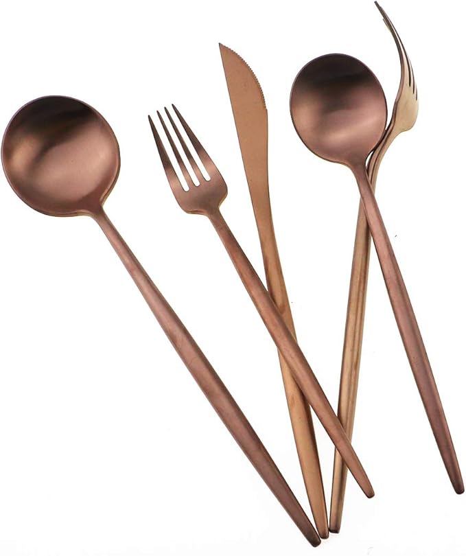 Matte Rose Gold Silverware Set,Gugrida 5-Piece 18/10 Stainless Steel Satin Finish Flatware Set,Kitchen Utensil Set,Tableware Travel Cutlery Set for Camping Office or School Lunch, Dishwasher Safe