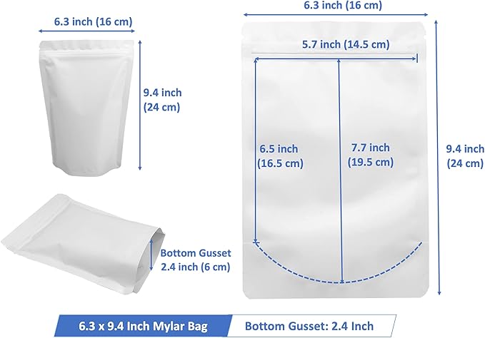 100 Pack Matte White Mylar Stand Up Bags - 6.3x9.4 Inches Resealable Smell Proof Packaging Zipper Pouch, Heat Sealable Foil Sample Pouches for Food Storage