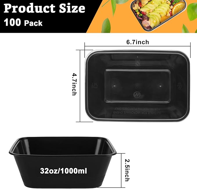 100 Pack 32oz Reusable Meal Prep Containers with Lids, 1 Compartment Plastic Food Prep Storage Containers, Microwave and Dishwasher Safe To Go Food Container for Take out Meal, Lunch