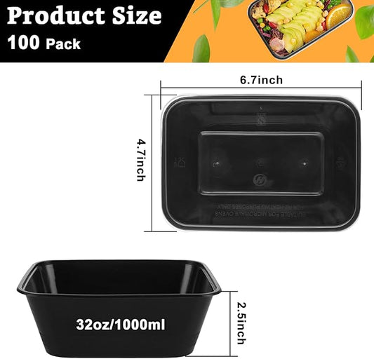 100 Pack 32oz Reusable Meal Prep Containers with Lids, 1 Compartment Plastic Food Prep Storage Containers, Microwave and Dishwasher Safe To Go Food Container for Take out Meal, Lunch