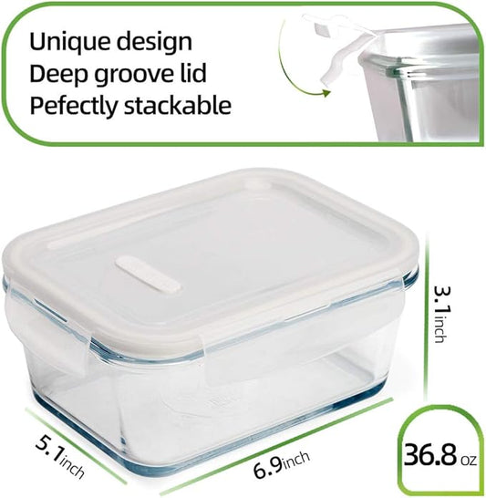DAS TRUST [5-Packs, 36 Oz. Glass Meal Prep Containers with Locking Lids Glass Food Containers,Airtight Lunch Container,Microwave, Oven, Freezer and Dishwasher (4.5 Cup, White)