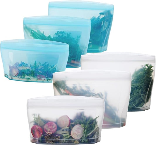 Reusable Silicone Food Storage Bag, Stand Up Food Storage Container, Reusable Zipper seal bag, no lid required, for Food Storage& Meal Prep, Freezer Oven Dishwasher - Safe, Set of 6 Bowls
