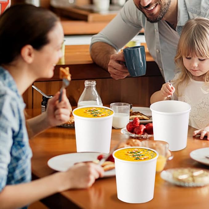 16 oz 50Pcs Paper Soup Containers with Lids, Disposable Soup Cups, Ice Cream Containers, White Disposable Soup Bowls White for Hot or Cold Soup