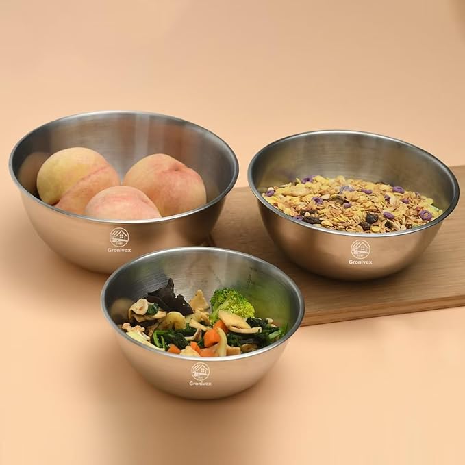 Stainless Steel Mixing Bowls, Three nested Large Mixing Bowls Stainless Steel with scale Perfect for Your Kitchen Needs Like Cooking,Baking, and Making Salads