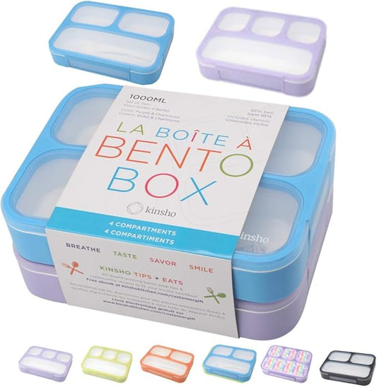 Bento Lunch Box Kids & Adult: Leakproof Lunch Containers for Boys & Girls with 3 Compartments - School, Daycare, Meal Planning Portion Control Container, BPA-Free Boxes, Utensils | Blue Purple 2 pack
