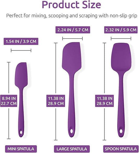 U-Taste 600ºF Heat Resistant Food Grade Silicone Spatula Set of 3, and 18/8 Stainless Steel Square Measuring Spoons Set of 8 (Purple+Silver)