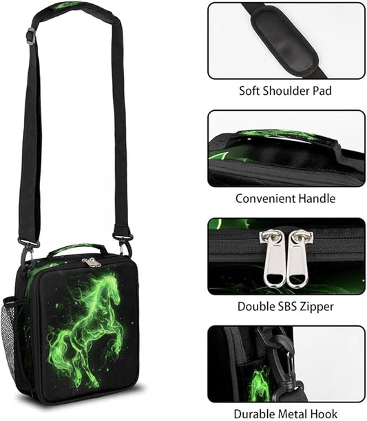 Lunch Box for Kids Boys Girls Green Fire Horse Kids Lunch Bag Insulated Lunch Bag Tote with Adjustable Shoulder Strap Teens Lunchbox Cooler School Picnic