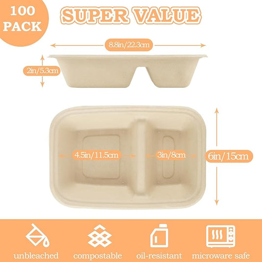 100 Pack 2 Compartment Paper Bowls Chip Dip, Nacho Cheese and Salsa, 26 Oz Compostable Food Containers Bagasse Bowls, Biodegradable Meal Prep Food Storage Deli Container for Hot/Cold Foodd