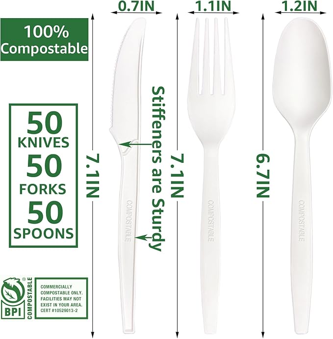 MISISIPI 150Pcs 100% Compostable Utensils Cutlery Biodegradable HeavyDuty No Plastic Utensils Silverware Cutlery Set Eco-Friendly Heavyweight Disposable Utensils Cutlery for Party BBQ Picnic Birthday