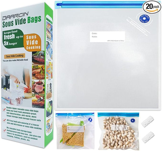 Sous Vide Bags 20pcs 8.3x8.7in/21x22cm BPA Free Reusable Vacuum Sealer Bags Keep Food Fresh