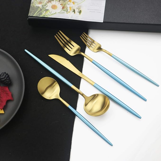 JASHII Luxury 18/10 Blue Handle Flatware Gold Silverware Set 304 Stainless Steel Flatware Cutlery Set| 5-Piece Adaline Royal Modern Satin Finish| BEST Birthday Wedding Gift (Blue Handle Matte Gold)
