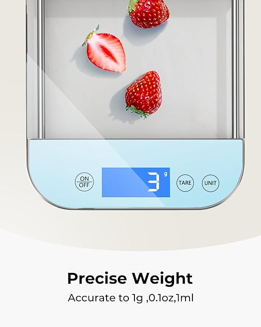 AZC Rechargeable Food Scale Digital Weight Grams and Oz, [Max 33lb Min 5g], Full Waterproof Temepered Glass Panel, Crystal Clear Design for Kitchen Scale, Clear Blue