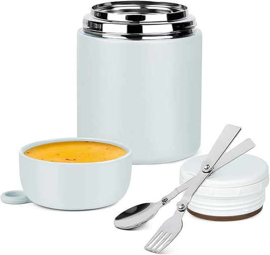 HOUSETEC Thermo For Hot Food - Insulated Food Container With Foldable Fork& Spoon, Leak Proof Food Thermo, Portable Wide Mouth Soup Thermo With Handle For Outdoors Indoors Office Picnic (Gray, 17OZ)