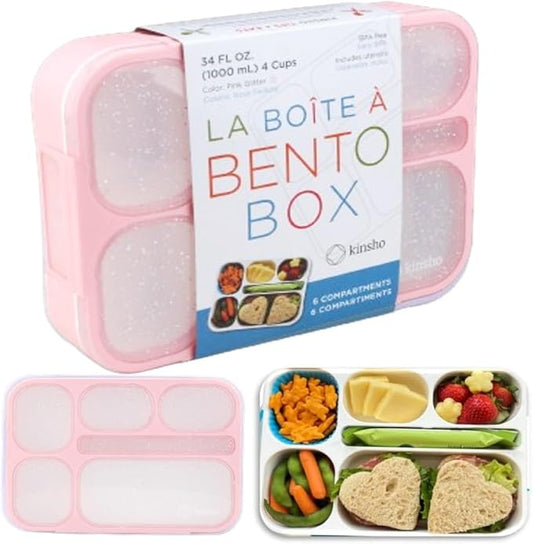 Glitter Bento Box Lunch Box for Kids Girls, Cute School Snack Meal Prep Container for Lunches, Pink