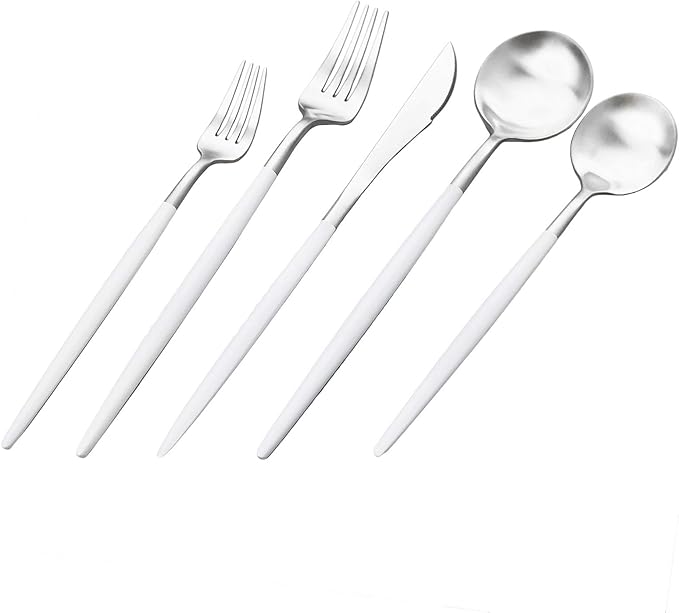 White Silver Flatware, Royal 20-Piece Matte White Handle 18/10 Stainless Steel Tableware Sets for 4 Including Forks Spoons Knives, Camping Silverware Travel Utensils Set Cutlery (White Silver)