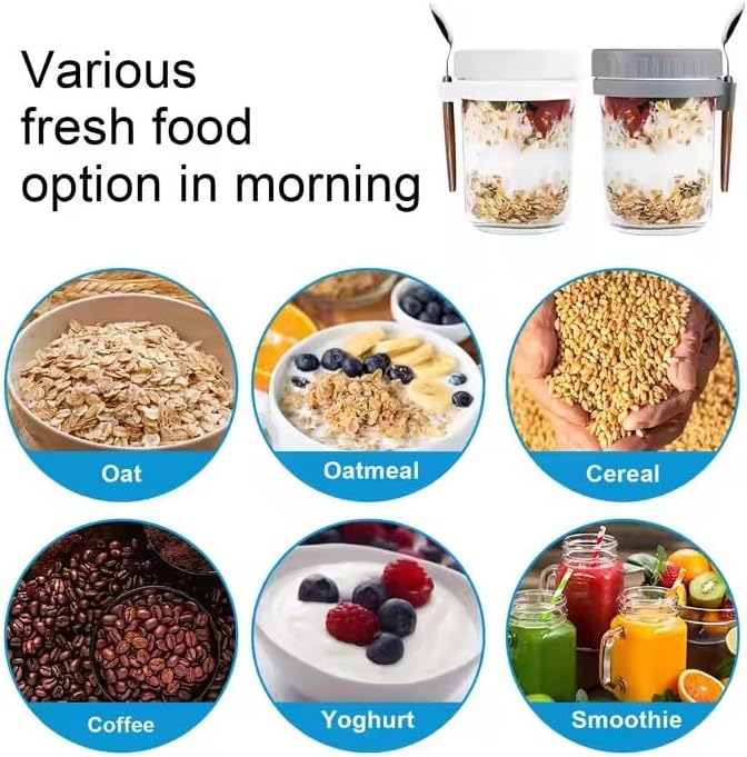 4 Pack Overnight Oats Containers with Lids and Spoons, 16 Oz Glass Mason Jars for Oatmeal, Cereal, Fruit, Salad, Yogurt, Leak-Proof Meal Prep Jars, BPA-Free, Dishwasher Safe