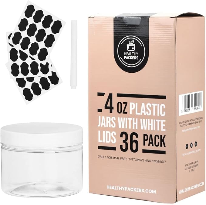 Healthy Packers Plastic Jars With White Lids - 4 oz 36-Pack Small Plastic Containers With Lids, Labels and Marker. Great for Slime, Lotion, Crafts, Travel & General Storage
