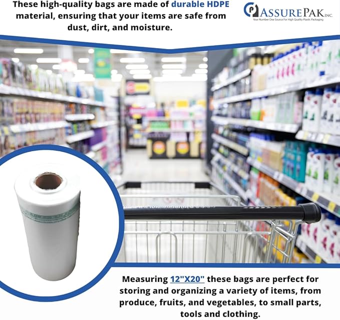 Clear Produce Roll 12"x20" – 600 HDPE Bags (11 Microns, Natural Color) for Food Storage, Grocery Use, Small Business, Reusable Produce, Kitchen Needs, Fresh Food, Storage Solution