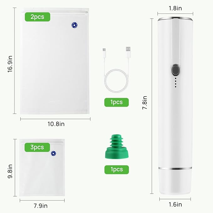 Vacuum Sealer, Handheld Vacuum Sealer for Food Fresh & Save with 5PCS Vacuum Bags and Wine Saver Vacuum Stoppers