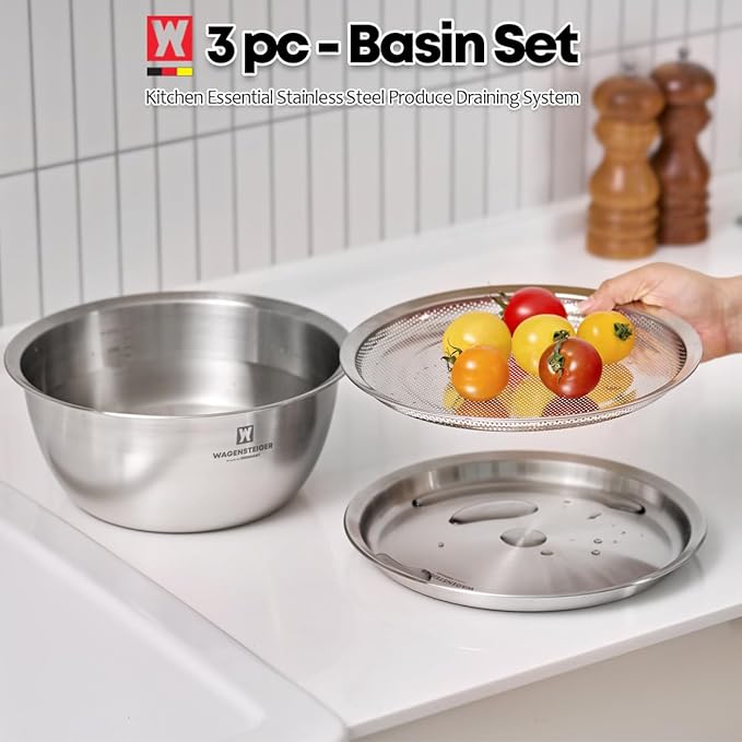 Stainless Steel Mixing Bowl Set (3-Piece) – Multifunctional Food Prep & Baking Tools with Strainer and Serving Tray, Oil Drain Tray, Nesting Storage, Easy Measurement Marks (9.45 Inch)