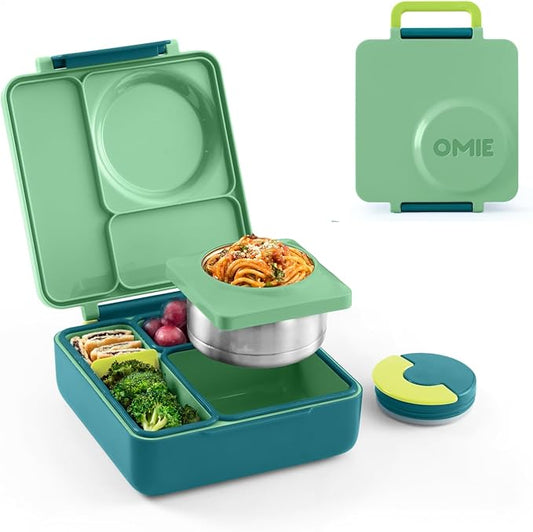 Omie OmieBox Bento Box for Kids - Insulated Lunch Box with Leak Proof Thermos Food Jar - 3 Compartments, 2 Temperature Zones - (Meadow) (Single)