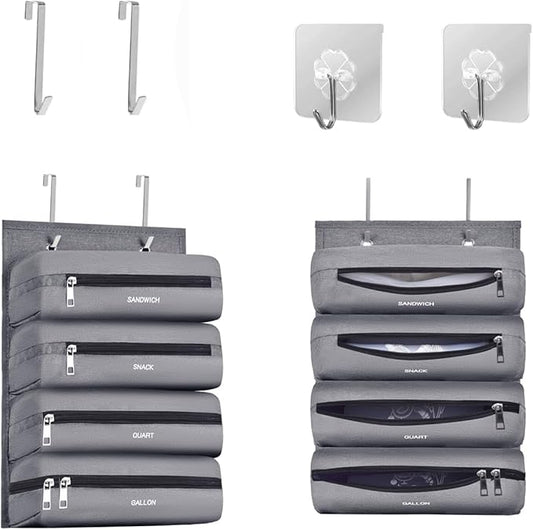 Zipper Bag Organizer Compatible with Gallon, Quart, Sandwich & Snack Food Storage Bag, Kitchen Plastic Bag Storage Organizer for Kitchen RV Camper (Grey)