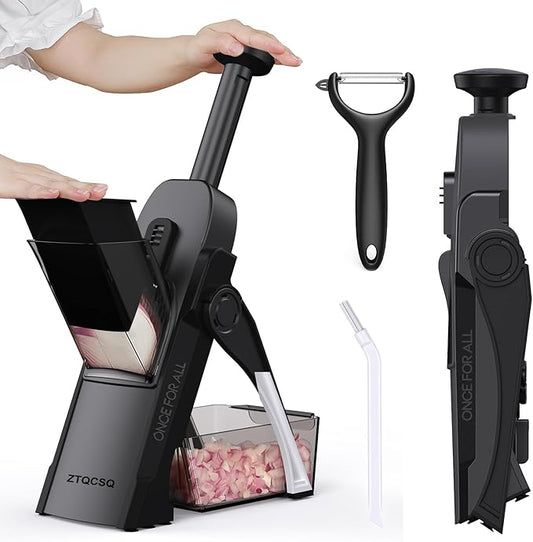 5 in 1 Safe Mandoline Slicer for Kitchen, Safe Vegetable Chopper, Paring Knife, Adjustable Thickness, Easy to Clean, Vegetable Slicer, Slicing, Strips, Shredding, Dicing, Chop (Black Knight)