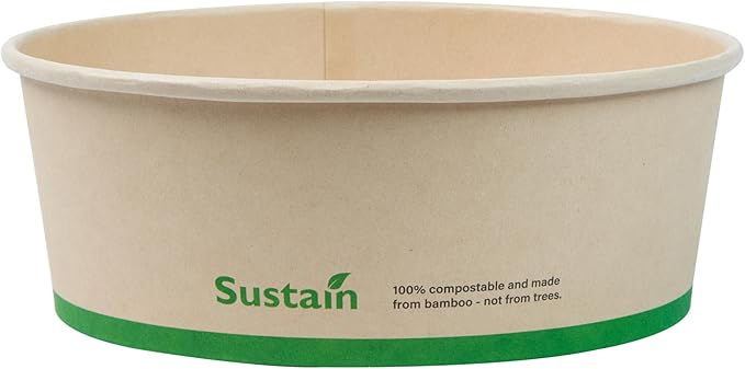 Restaurantware-Sustain 44 Ounce Sturdy Paper Take Out Boxes, 50 Round Take Out Food Containers - With PLA lining, Compostable, Bamboo Paper Containers, Disposable, Greaseproof