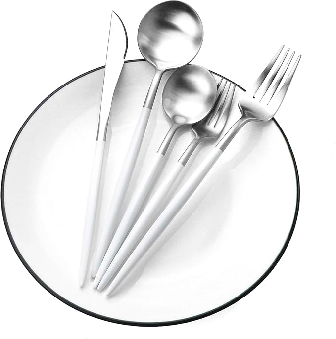 White Silver Flatware, Royal 20-Piece Matte White Handle 18/10 Stainless Steel Tableware Sets for 4 Including Forks Spoons Knives, Camping Silverware Travel Utensils Set Cutlery (White Silver)