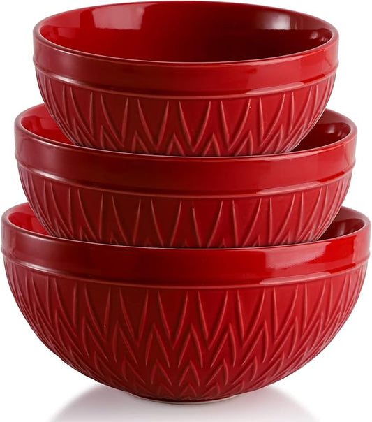 AVLA Porcelain Mixing Bowls for Kitchen, 3/1.8/1.2 Qt Ceramic Large Serving Salad Soup Bowl Set, Deep Nesting Bowl for Space Saving, 3-Piece Set, Microwave and Dishwasher Safe, Red